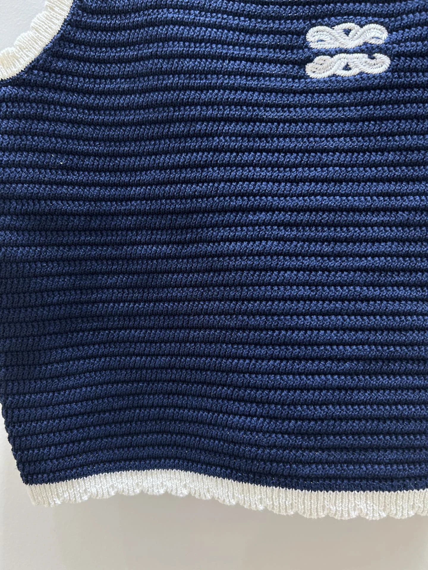 Dior Crochet Knit Crop Top Navy with White Trim Vest-Top - 10