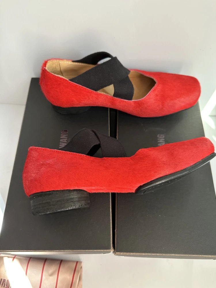 Design Mary Jane Flats Beige Suede with Black Strap Casual Shoes - 37