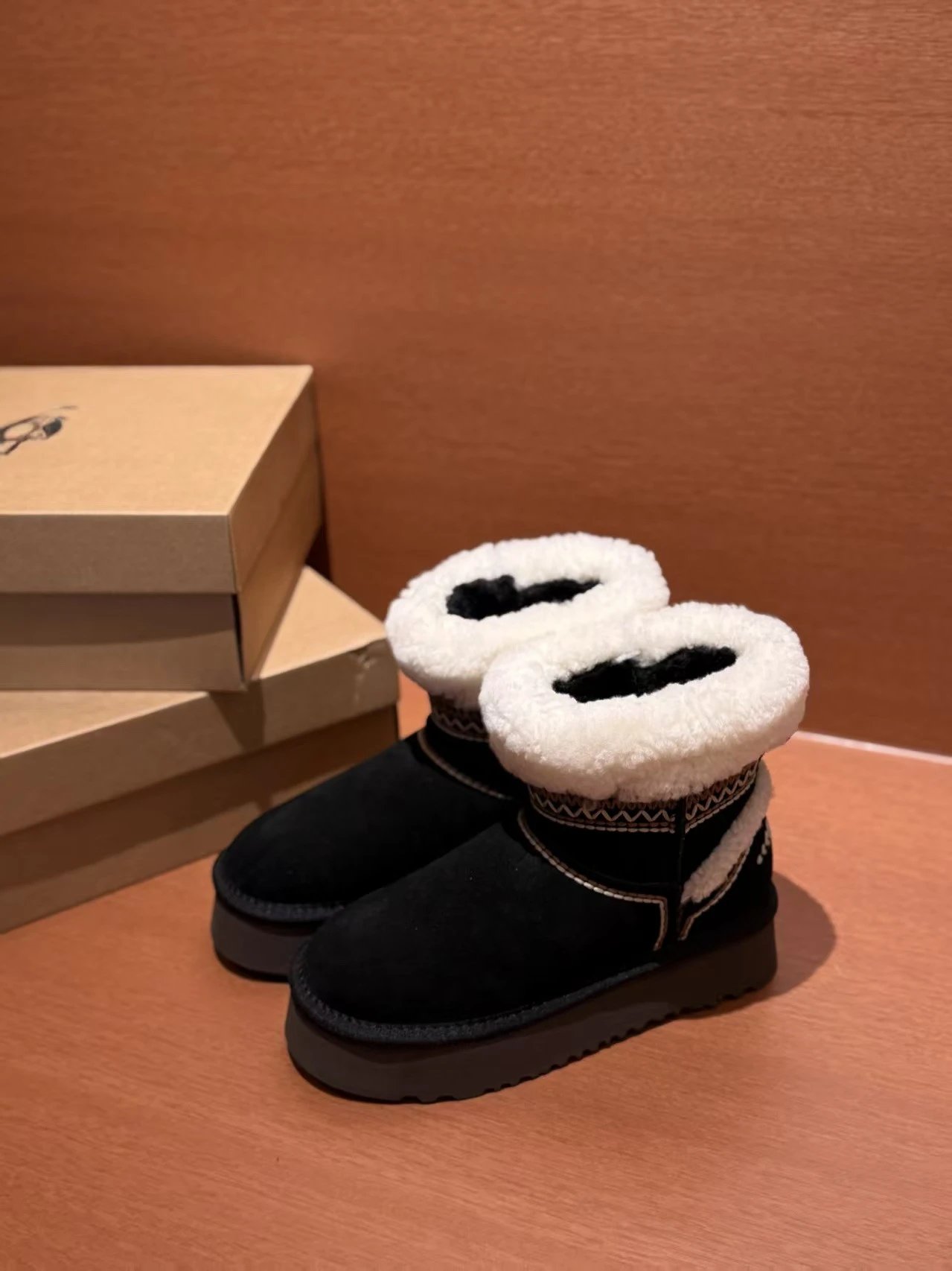 UGG Classic Mini Shearling Trim Black Boots - 12