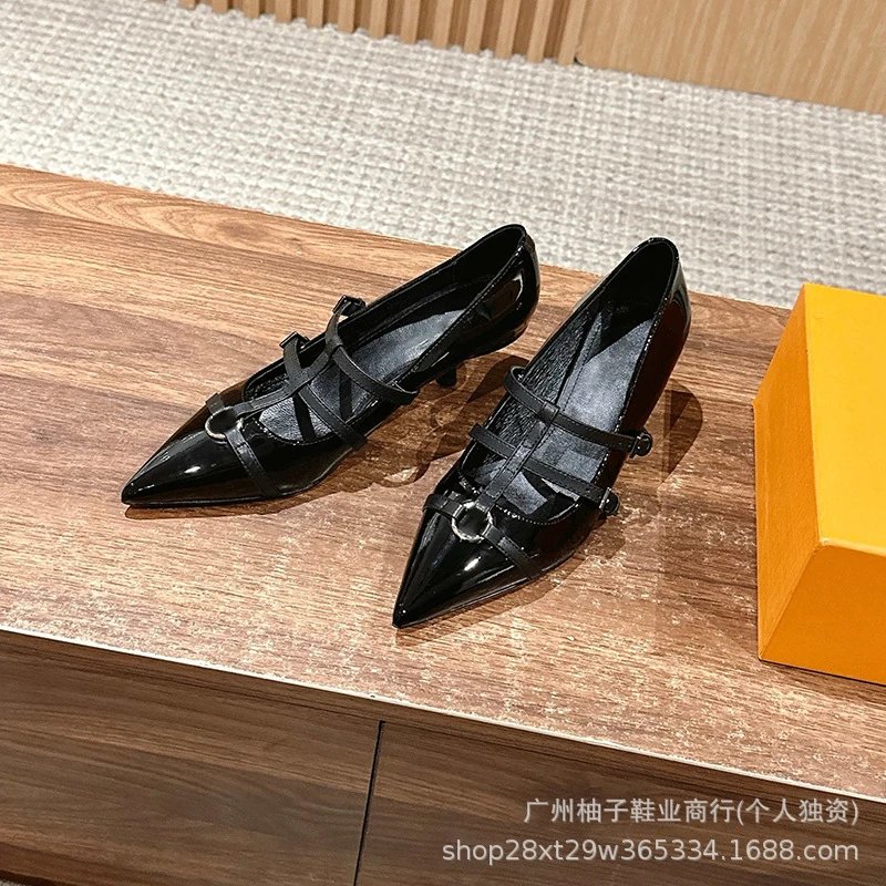 2025 Spring Pointed Cat Heel Sandals Women's White Color Thin Strip Metal Letter High Heels Empty Women's Shoes Mary Jane Single Shoes: findsindex.com