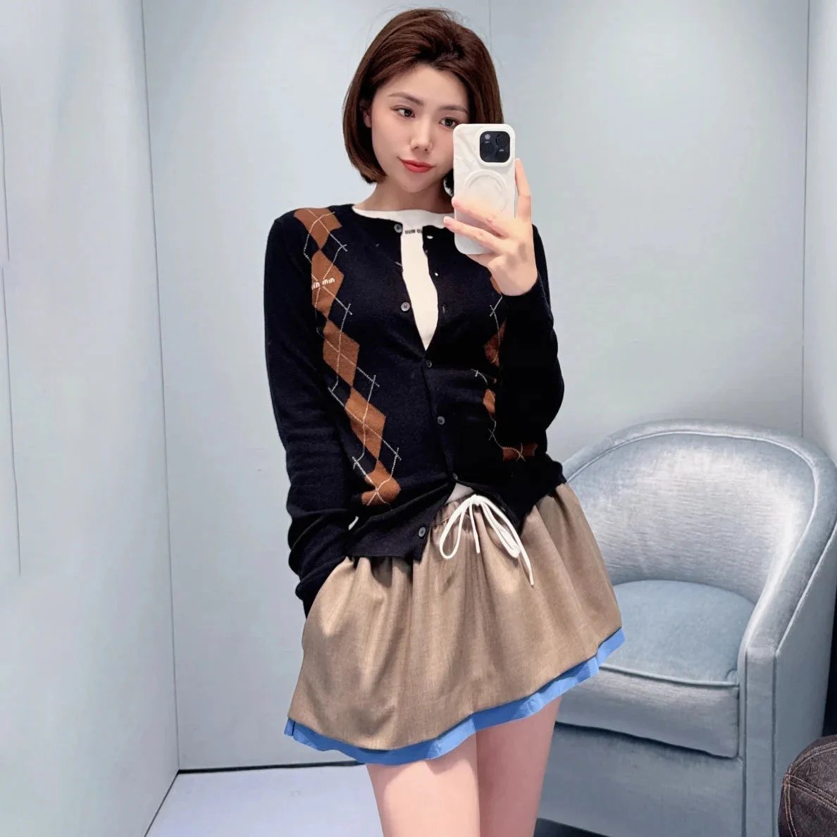 Miu Miu Argyle Knit Short-Sleeve Sweater Navy Brown Beige - 6
