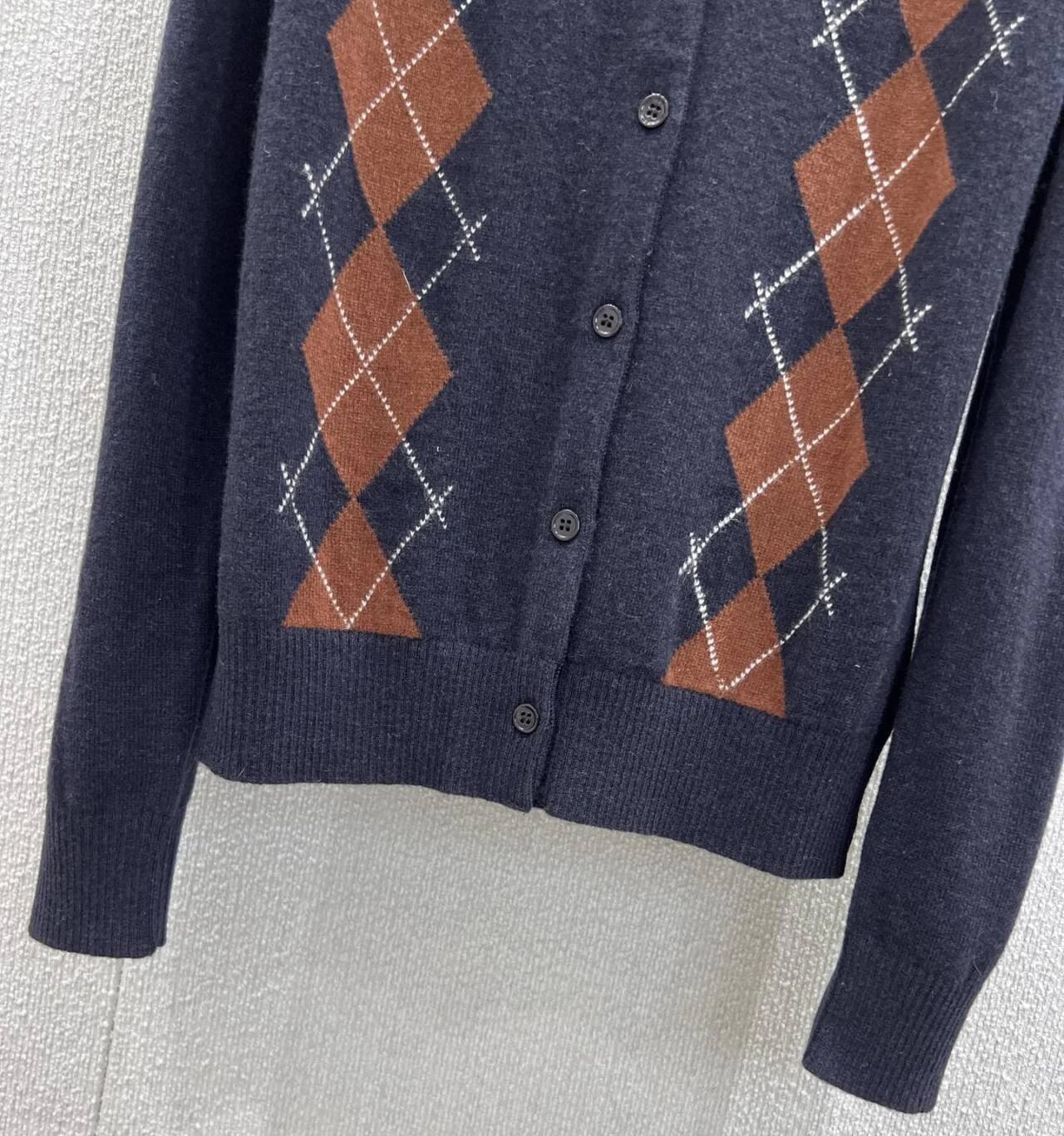 Miu Miu Argyle Knit Short-Sleeve Sweater Navy Brown Beige - 12