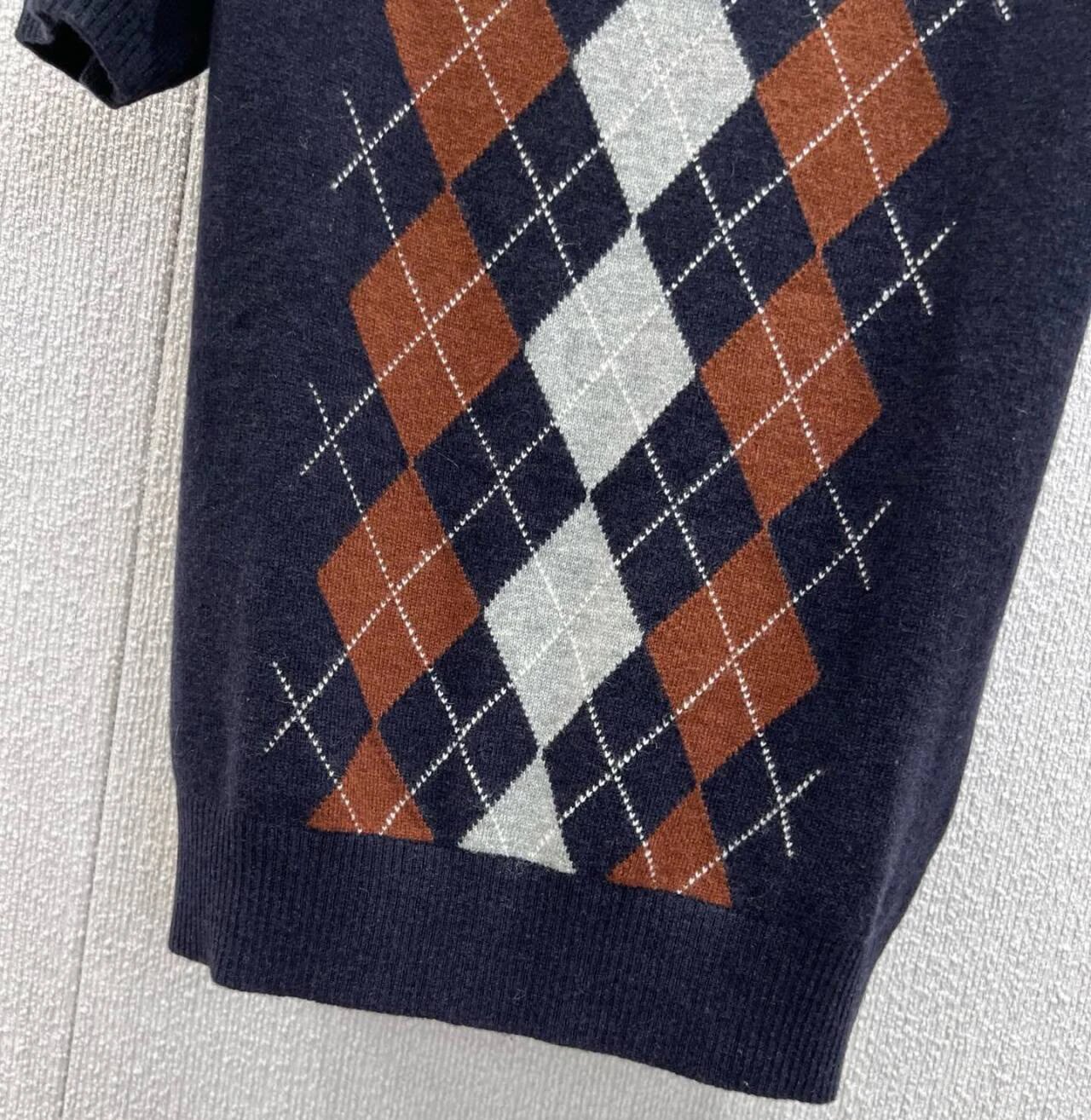 Miu Miu Argyle Knit Short-Sleeve Sweater Navy Brown Beige - 17