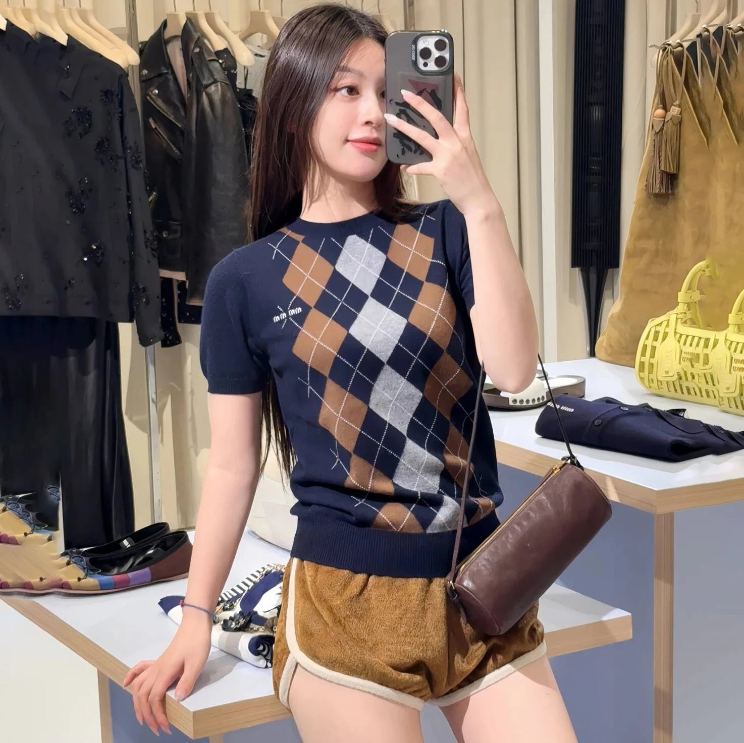 Miu Miu Argyle Knit Short-Sleeve Sweater Navy Brown Beige - 24