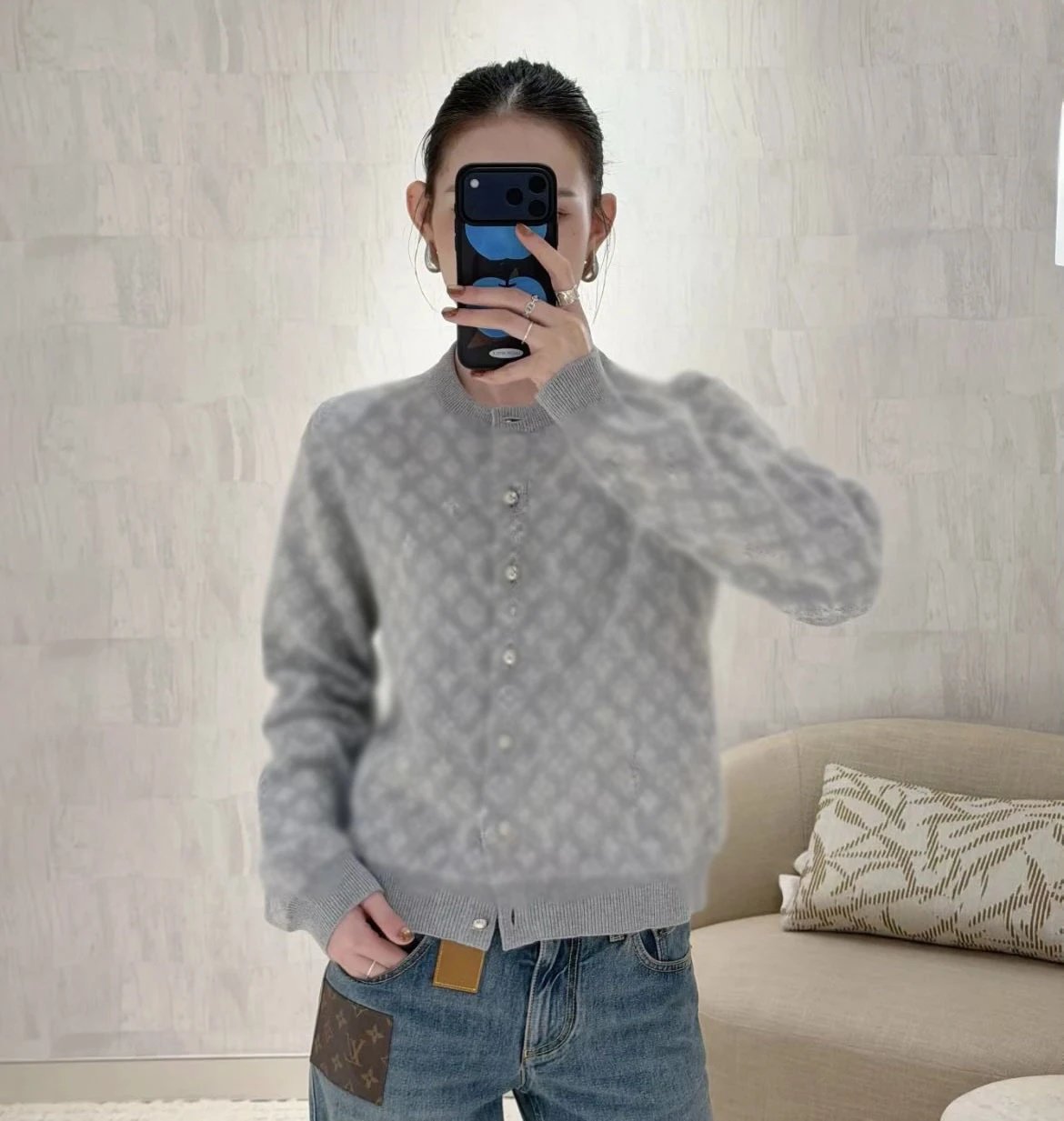 Louis Vuitton Monogram Knit Cardigan Beige Cream Sweater - 14