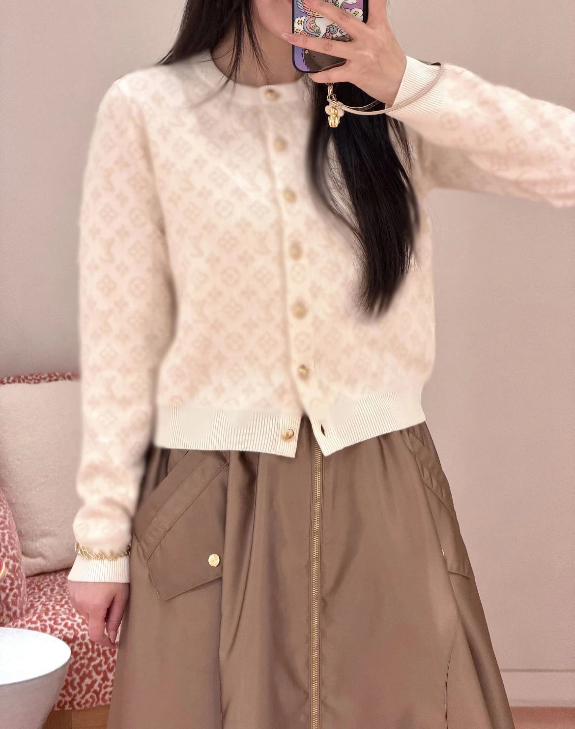 Louis Vuitton Monogram Knit Cardigan Beige Cream Sweater - 16