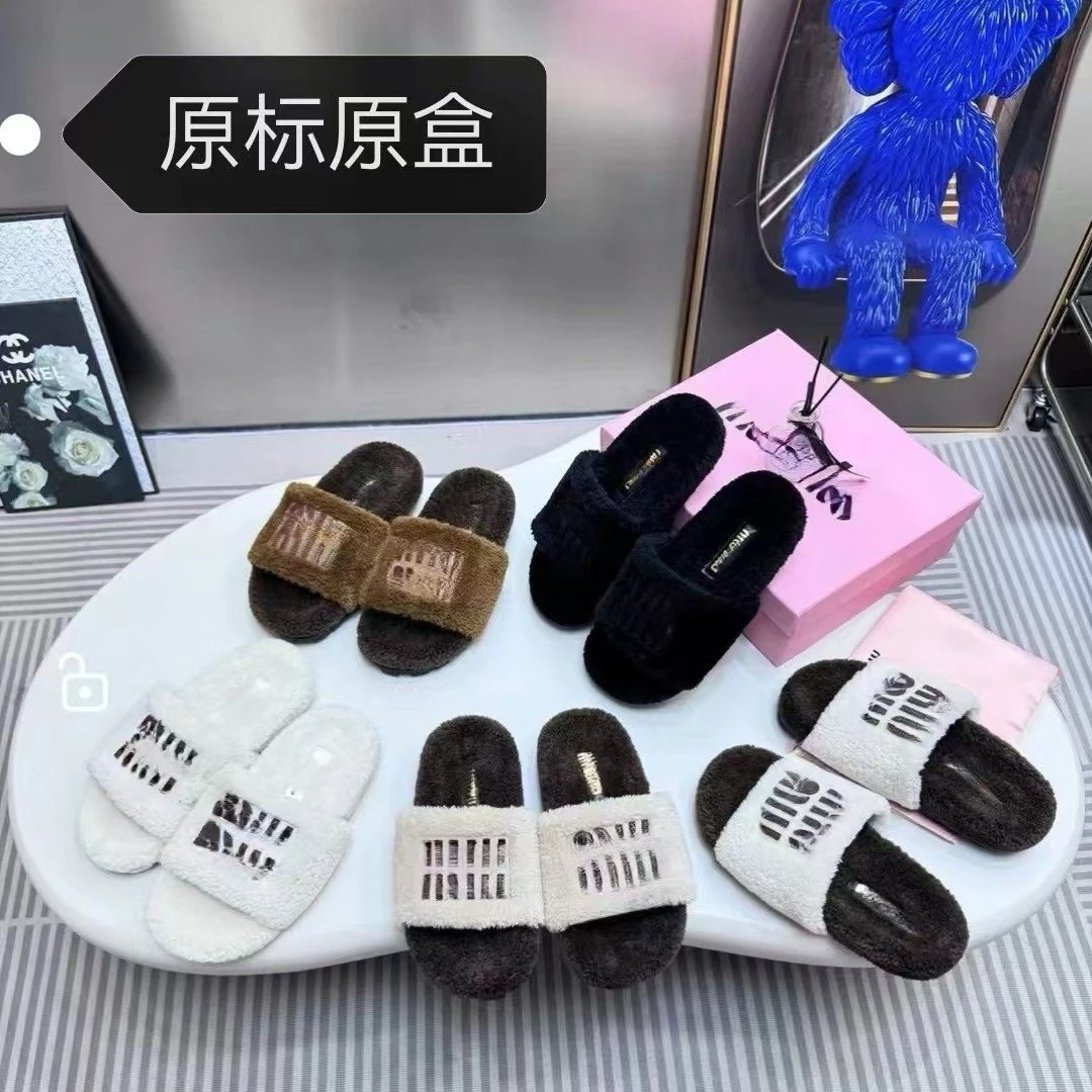 Miu Slippers Faux-fur open-toe slide with logo strap image 1