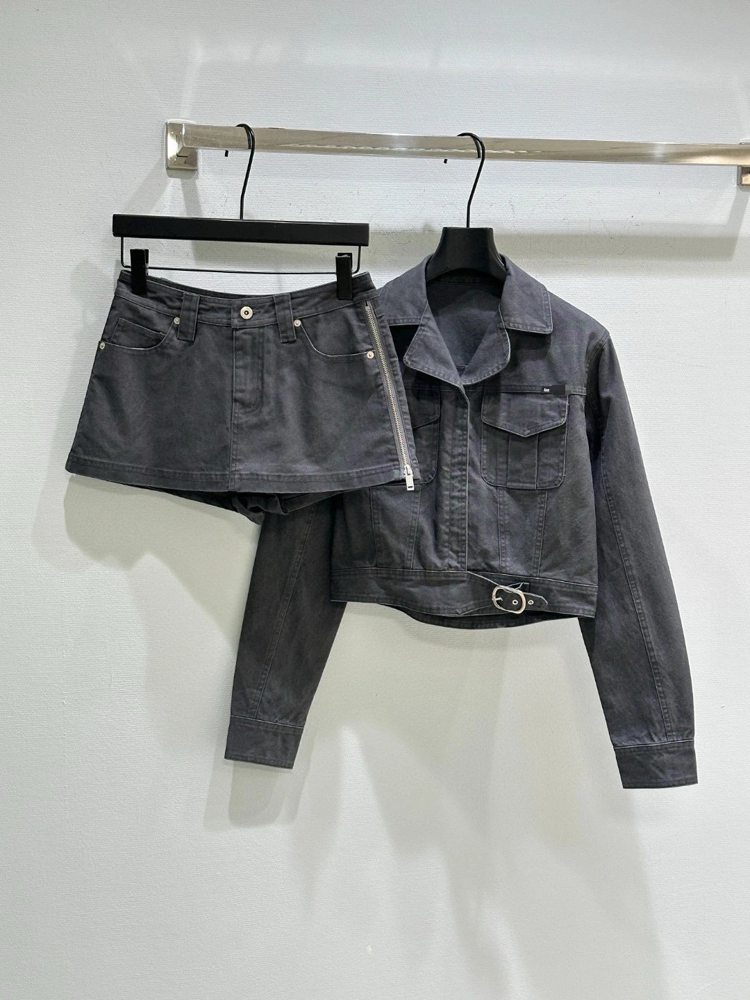 Gallery Dept. Distressed Gray Denim Skirt and Cropped Jacket Set - 3