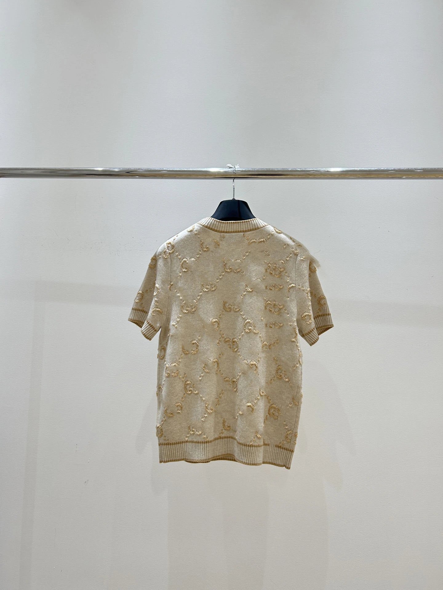 Gucci GG Embroidered Knit Short-Sleeve Sweater Beige - 7