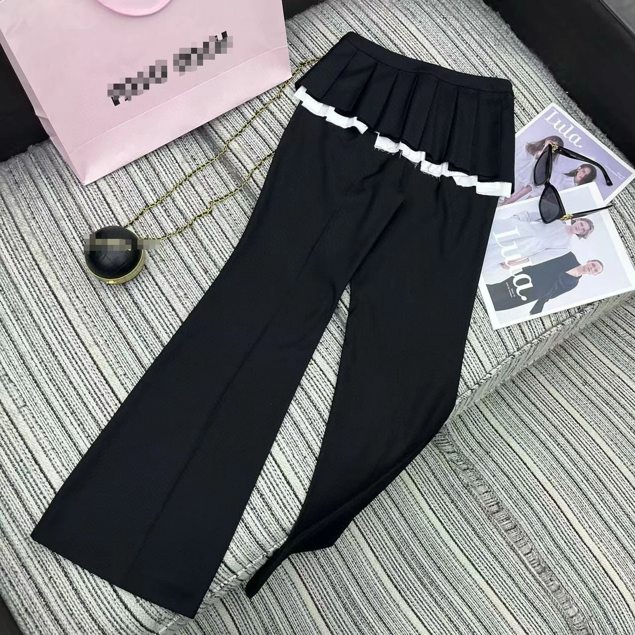 Design Pleated Waistband Wide-Leg Pants Black - 3