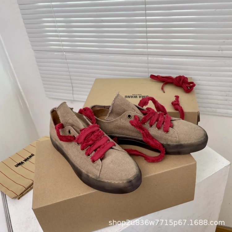 UMA Wang Canvas Sneakers Beige with Red Laces Casual Shoes - 4