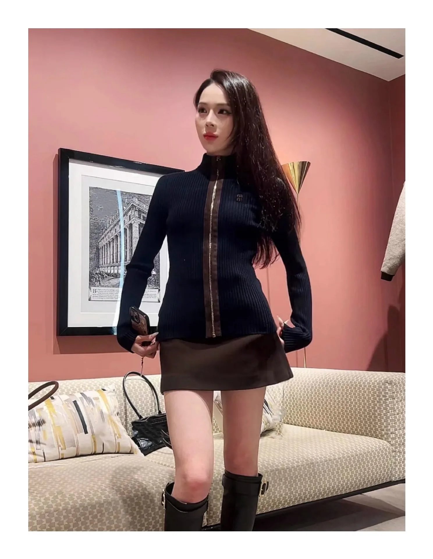 Balenciaga Zip-Front Ribbed Knit Top Navy with Gold Zip and Ruffled Skirt Set - 3