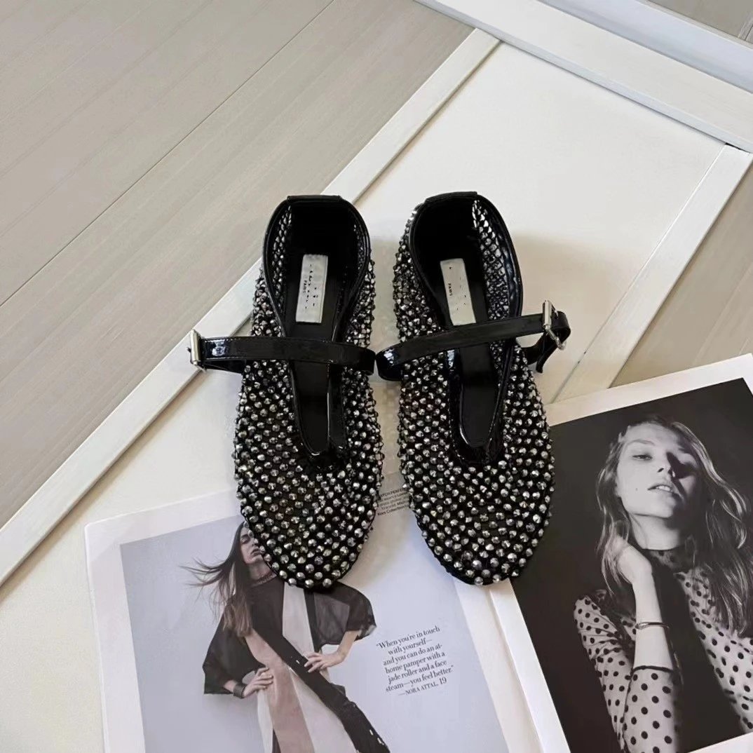Unbranded Casual Shoes Mesh Mary Jane Flats — Black Mesh with Rhinestones