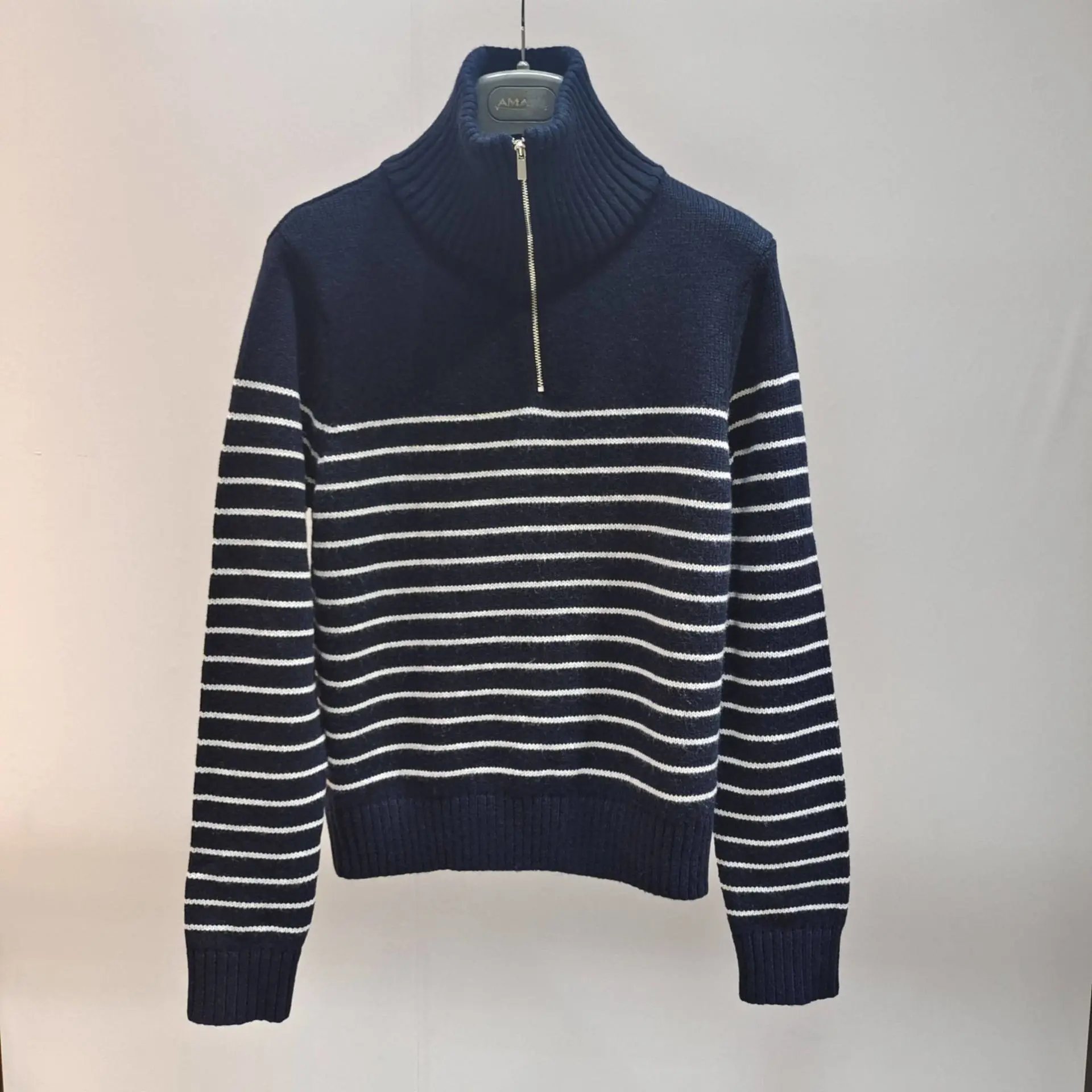 AMA Half-Zip Striped Knit Sweater Navy - 12