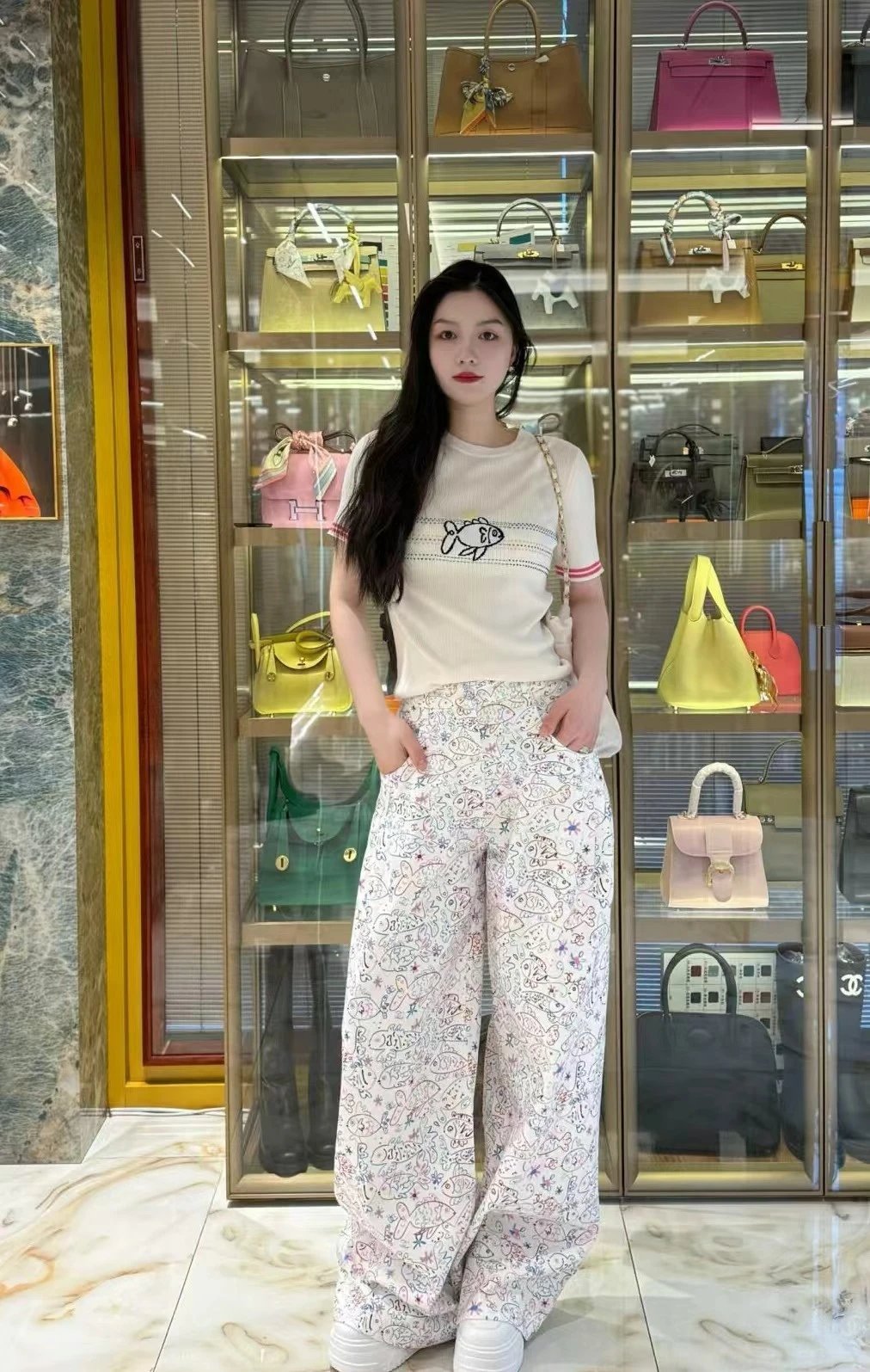 Design Fish Embroidery Ribbed Knit T-Shirt Beige - 7