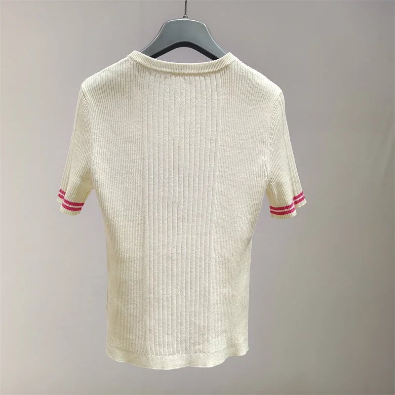 Design Fish Embroidery Ribbed Knit T-Shirt Beige - 11