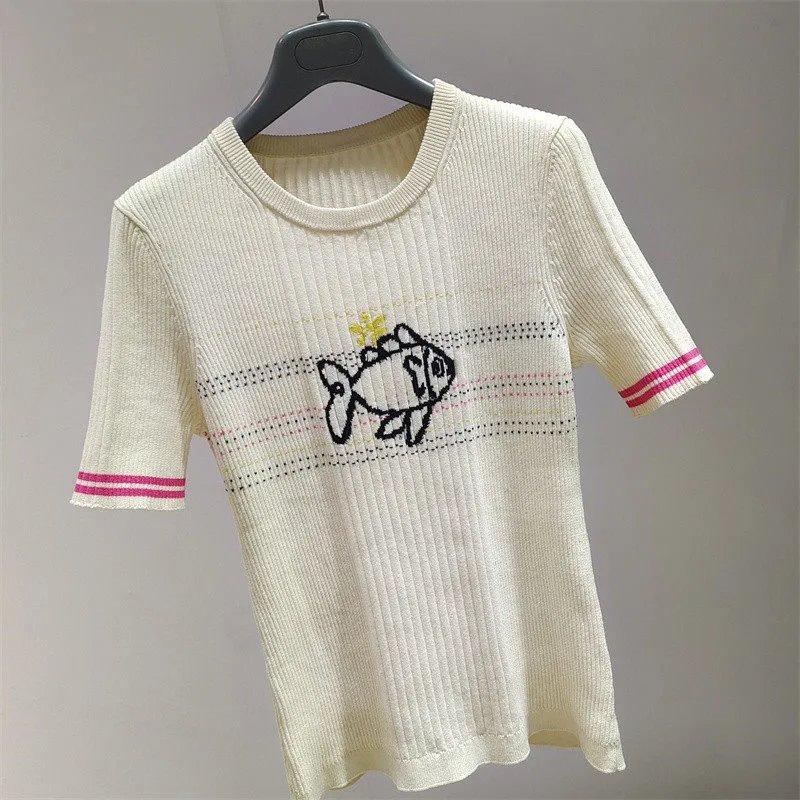 Design Fish Embroidery Ribbed Knit T-Shirt Beige - 12