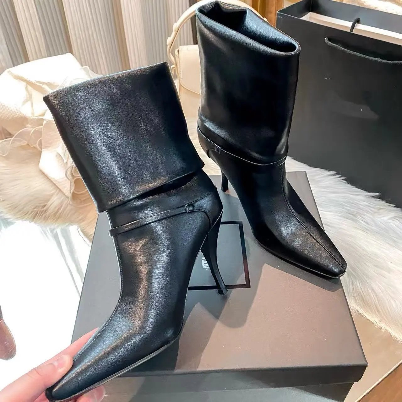 Saint Laurent Boots Fold-Over Shaft Pointed-Toe Stiletto — Black Leather