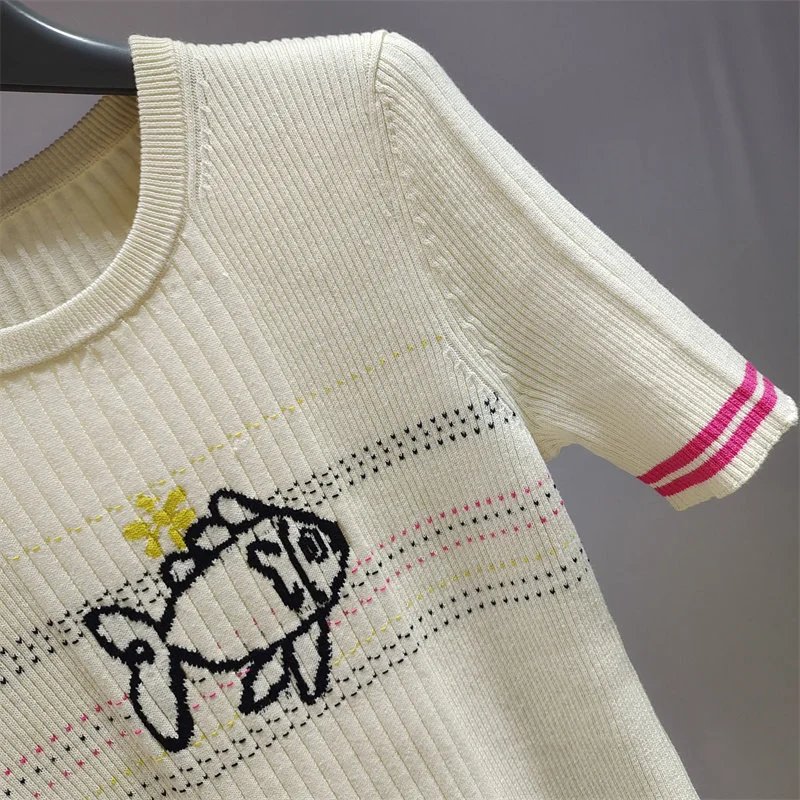 Design Fish Embroidery Ribbed Knit T-Shirt Beige - 13