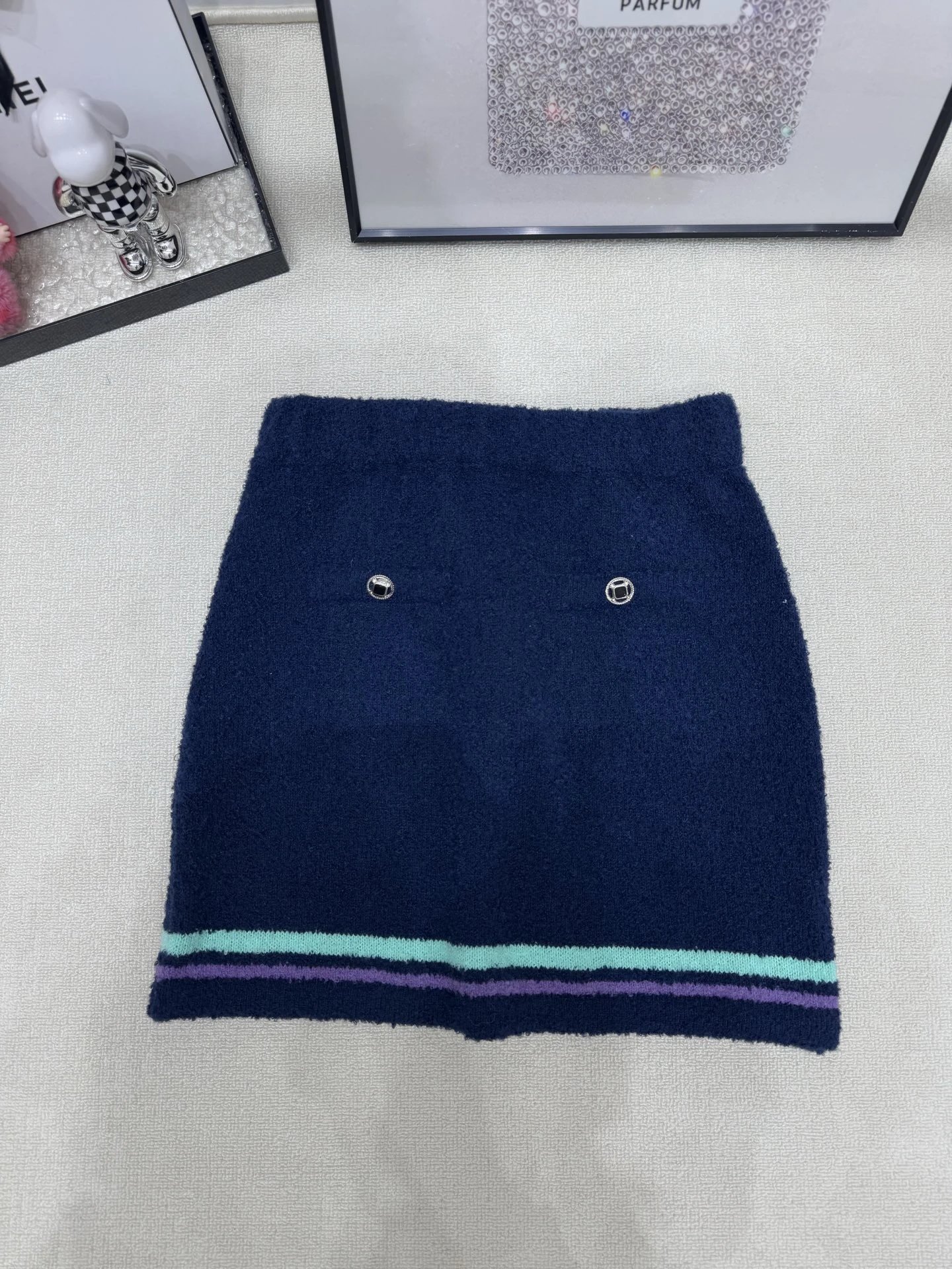 Off-White Tweed Mini Skirt with Black Stripes and Metal Buttons - 9