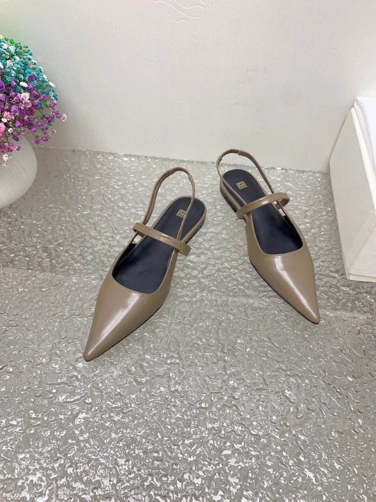 Design Pointed-Toe Slingback Kitten Heels Beige Leather Shoes - 33