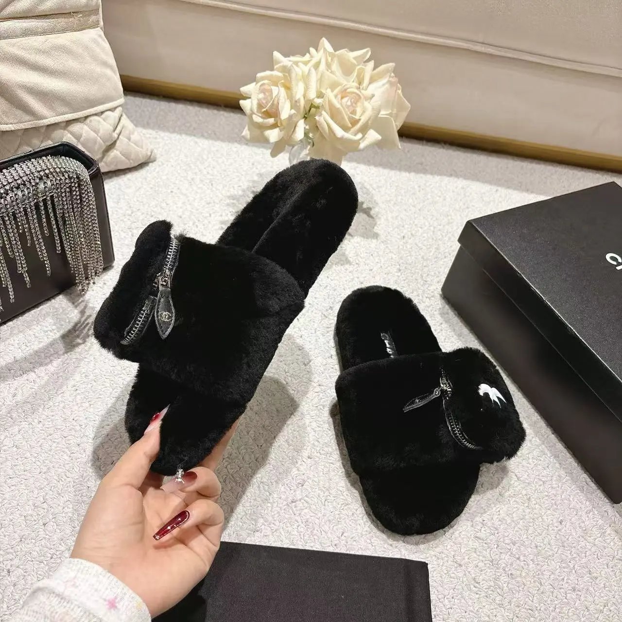Chanel Slippers Faux-fur open-toe slide with zippered strap and Double C logo image 4