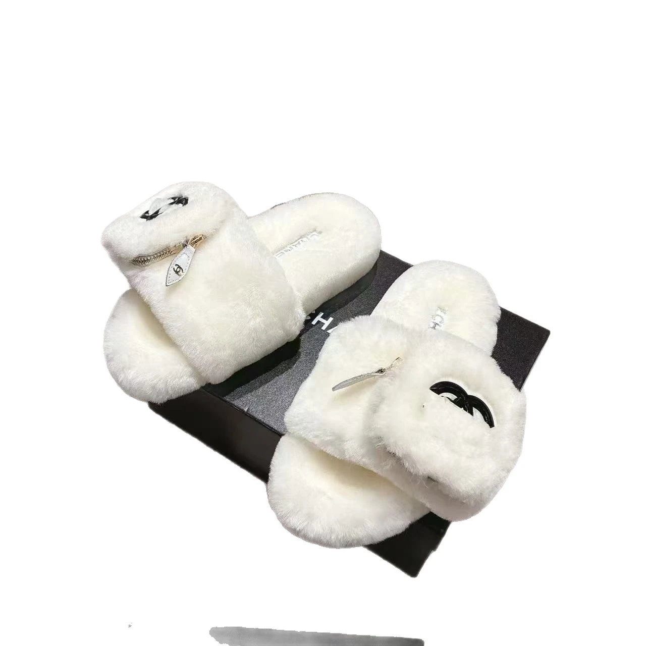 Chanel Slippers Faux-fur open-toe slide with zippered strap and Double C logo image 5