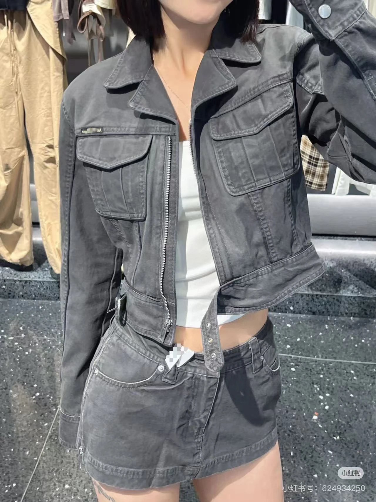 Gallery Dept. Distressed Gray Denim Skirt and Cropped Jacket Set - 6