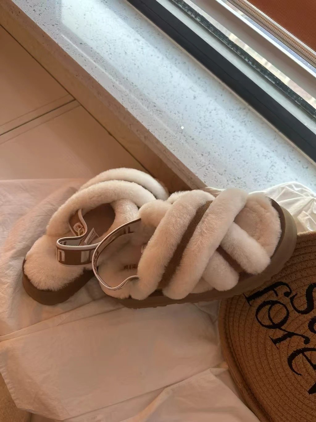 UGG Fluff Yeah Slide Beige White Faux Fur Sandals - 4