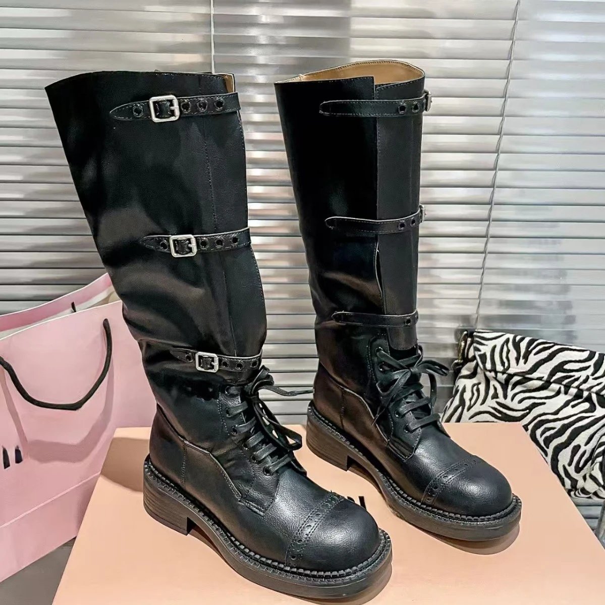 Miu Boots Knee-High Lace-Up Buckle image 4