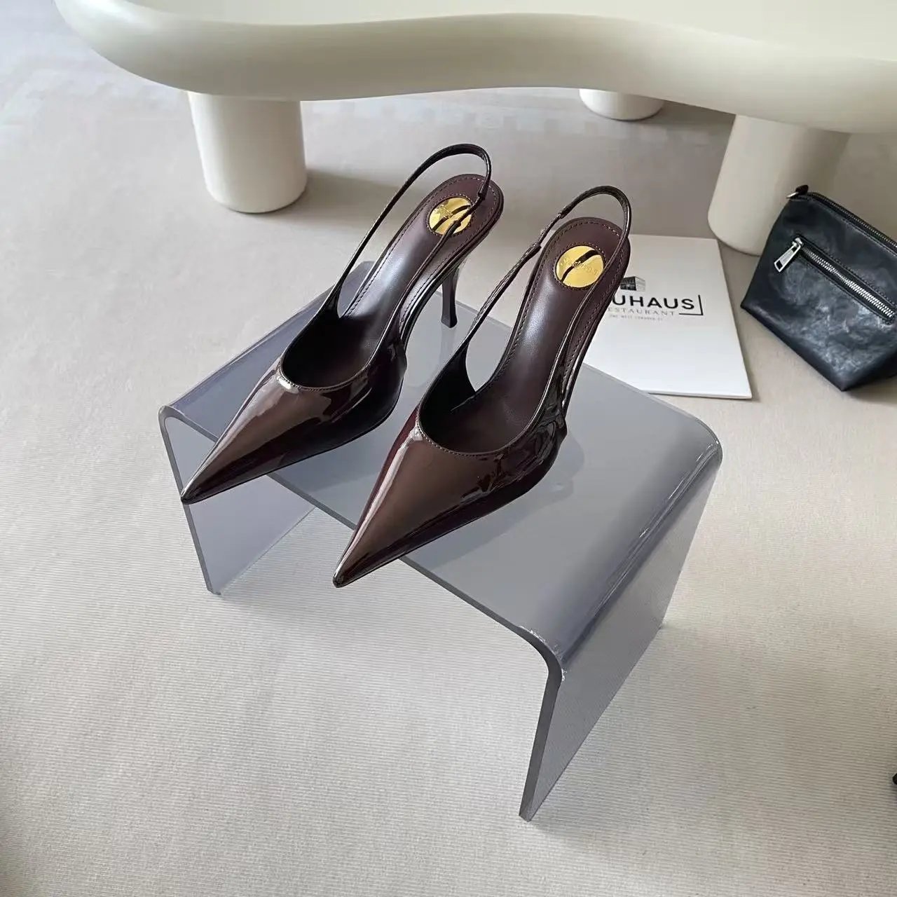 Unbranded High Heels Patent Pointed-Toe Slingback Stiletto — Brown