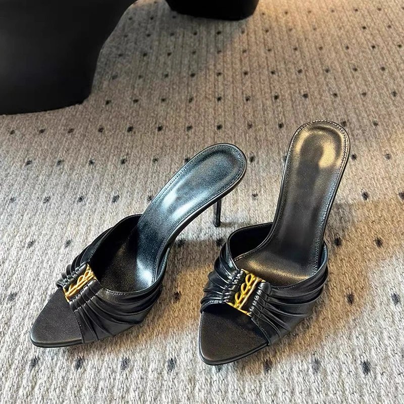 Saint Laurent High Heels Black pointed-toe pleated mule with YSL metal logo image 4
