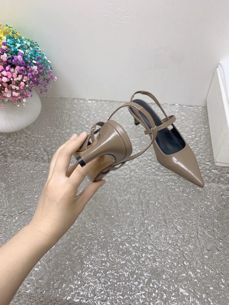 Design Pointed-Toe Slingback Kitten Heels Beige Leather Shoes - 28