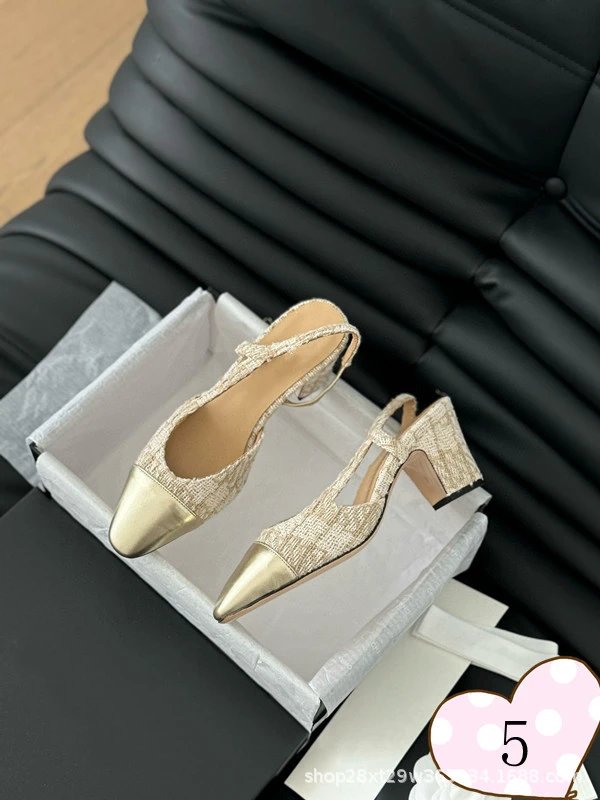 Chanel-inspired Tweed Slingback Block Heels Pink Tip - 6