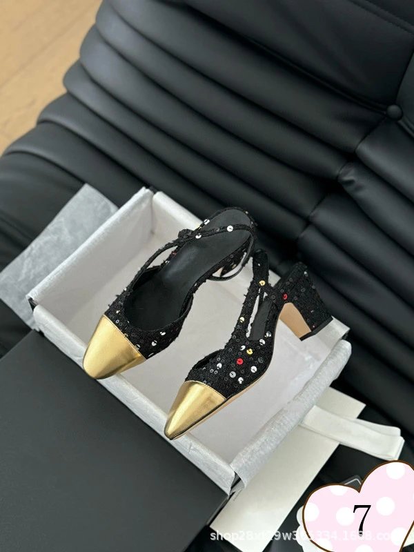 Chanel-inspired Tweed Slingback Block Heels Pink Tip - 8