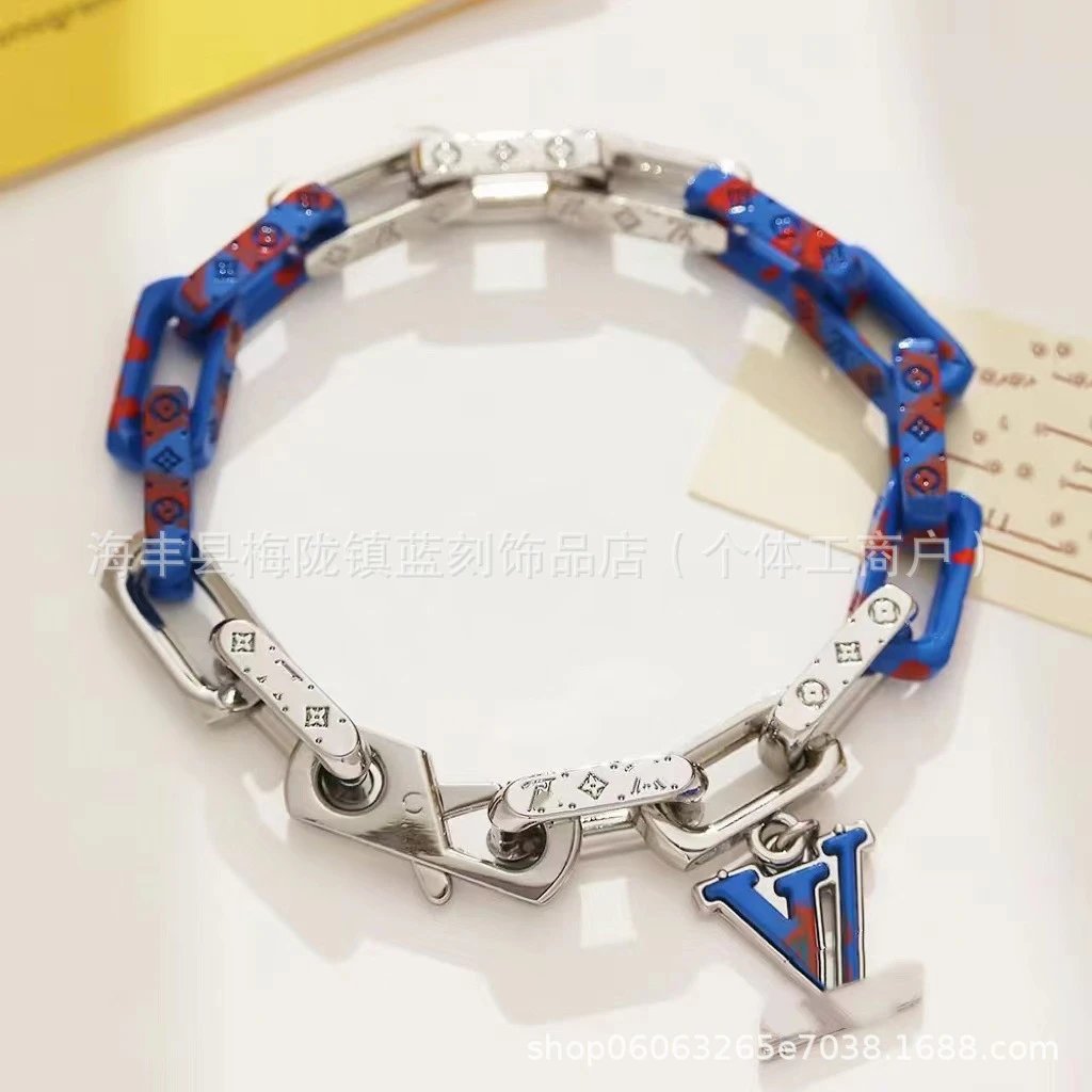 Louis Vuitton Chain Link Bracelet Blue Monogram Coated Canvas Silver Hardware - 5