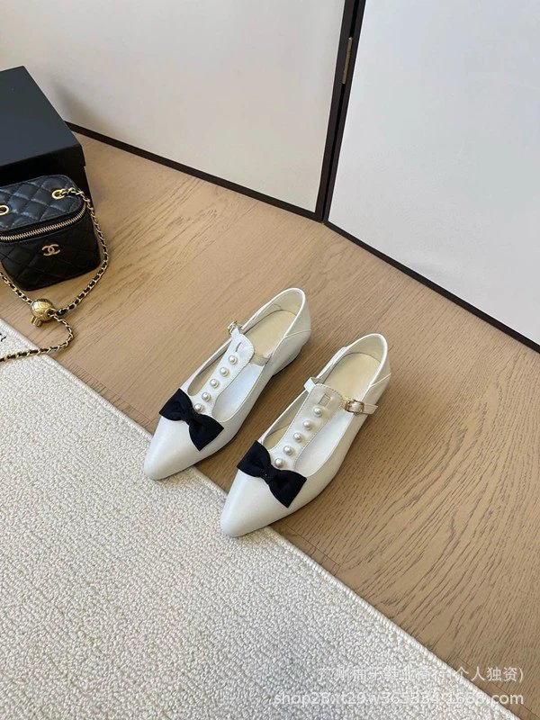 Chanel-inspired Pearl Bow Flat Beige Leather Mary Jane Shoes - 3