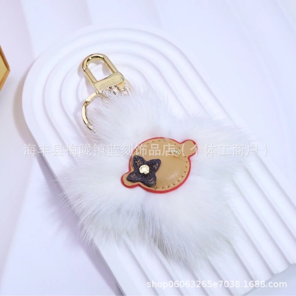 Faux Fur Keychain Charm in Sky Blue with Leather Face Embellishment - 5
