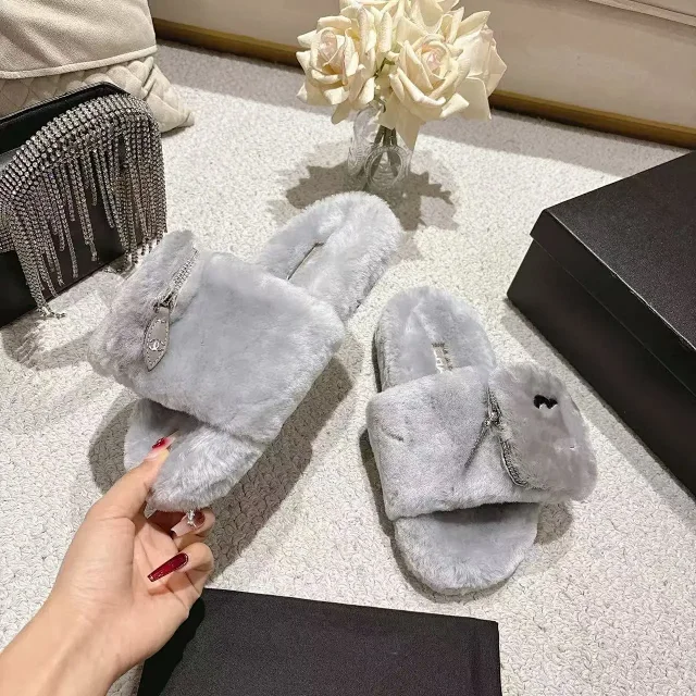 Chanel Slippers Faux-fur open-toe slide with zippered strap and Double C logo product detail image 4