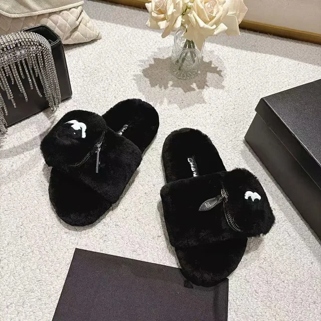 Chanel Slippers Faux-fur open-toe slide with zippered strap and Double C logo product detail image 7