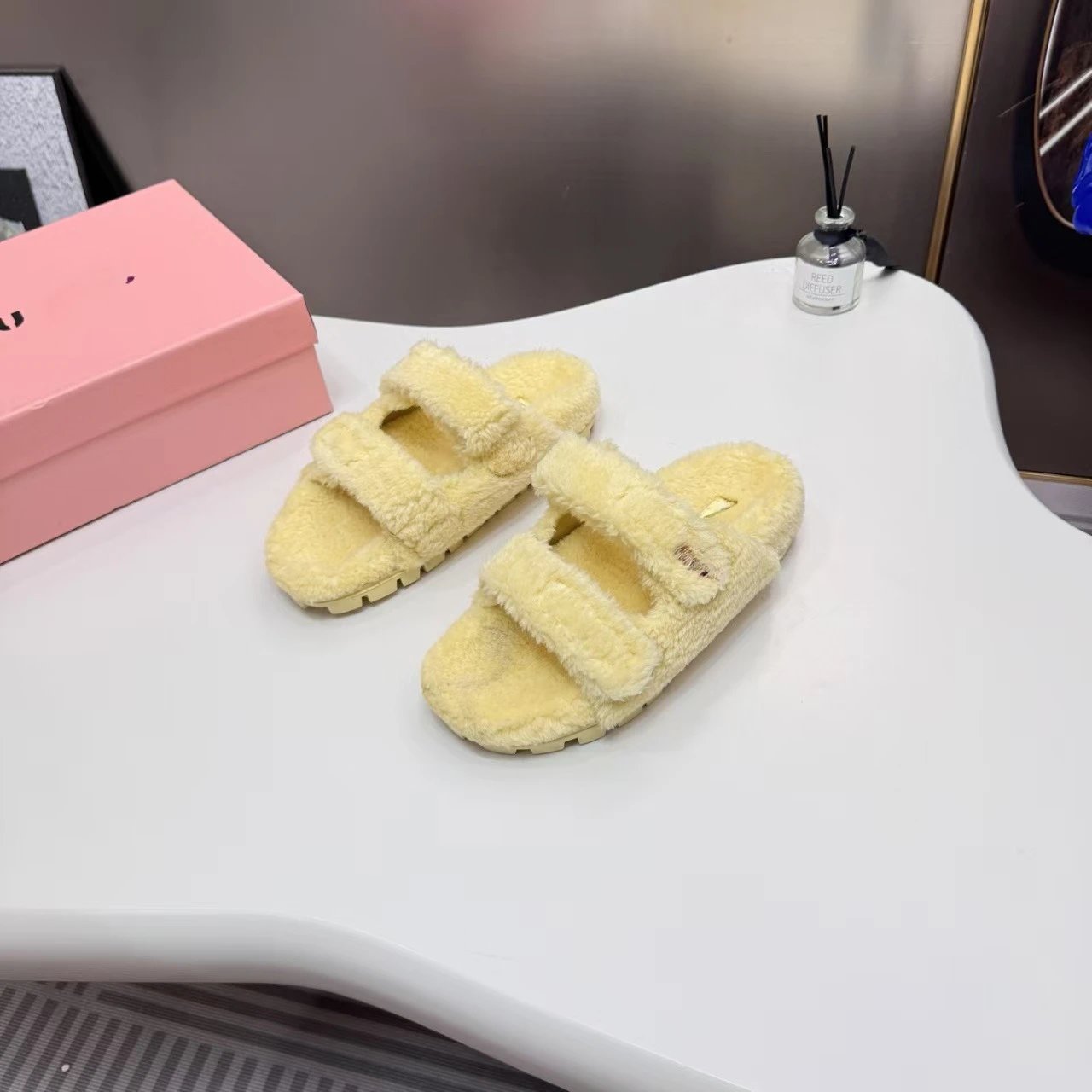 Miu Slippers Faux-Fur Double-Strap Slide — Yellow