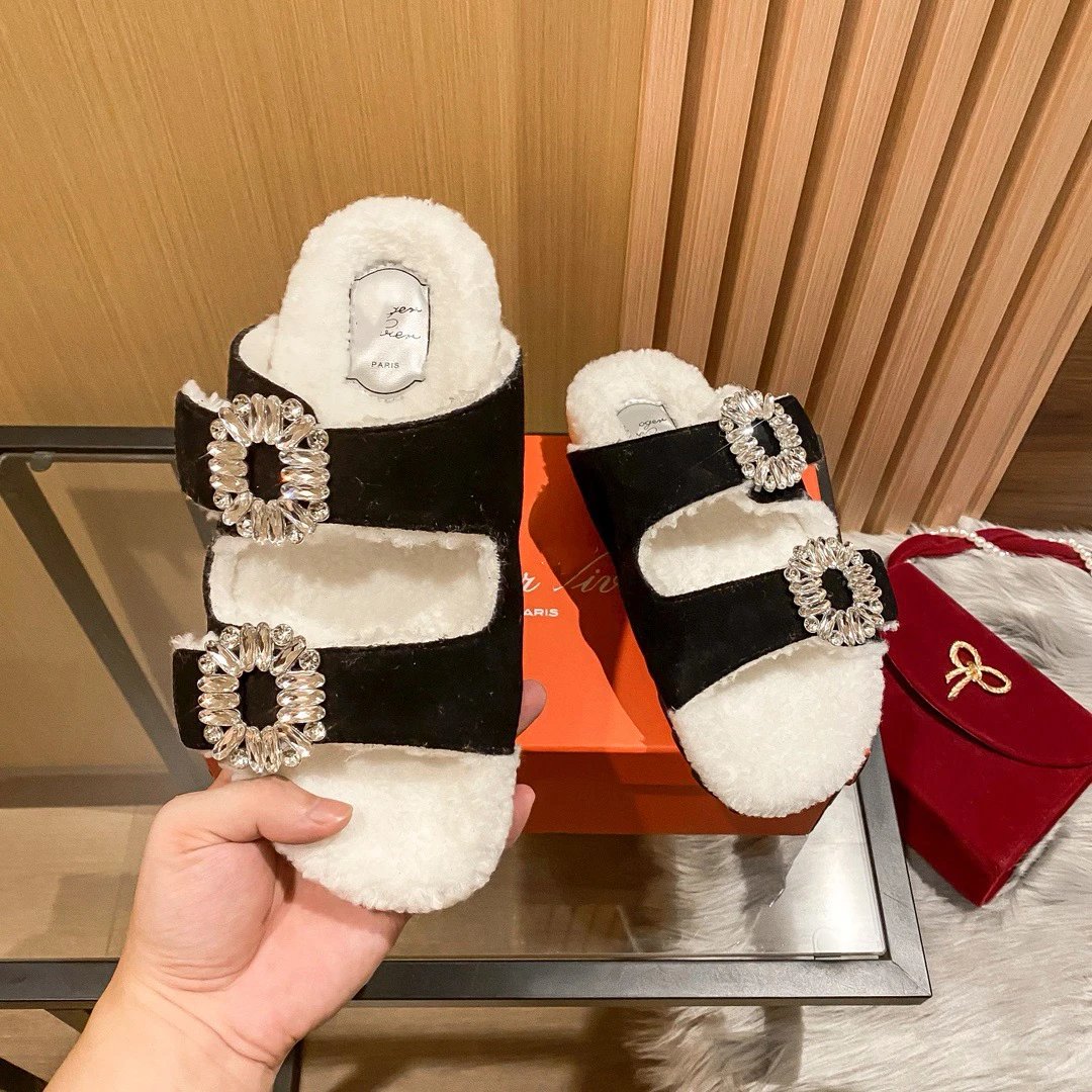 Roger Vivier Slippers Fur-Lined Double-Strap Crystal-Buckle Slides image 3