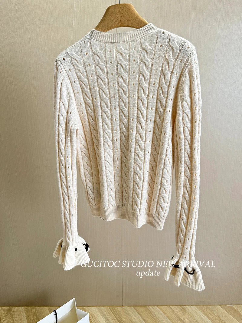 Off-White Cable Knit Sweater with Black Bow Detail White Sweater - 10