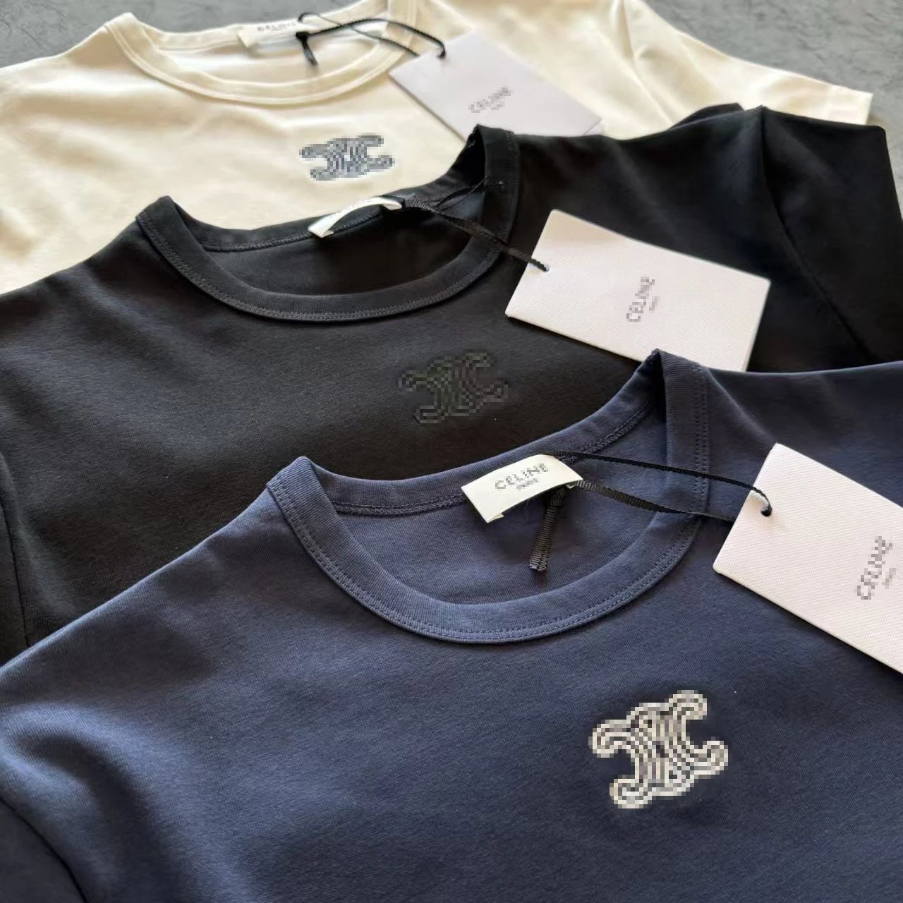 Celine Triomphe Logo Embroidered Black T-Shirt - 16