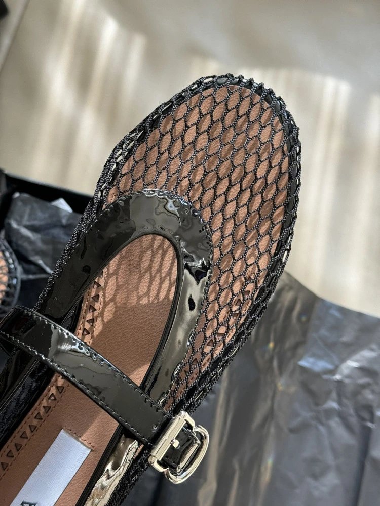 WOMANBY A VOYVES Mesh Mary Jane Flat Black Shoes - 16