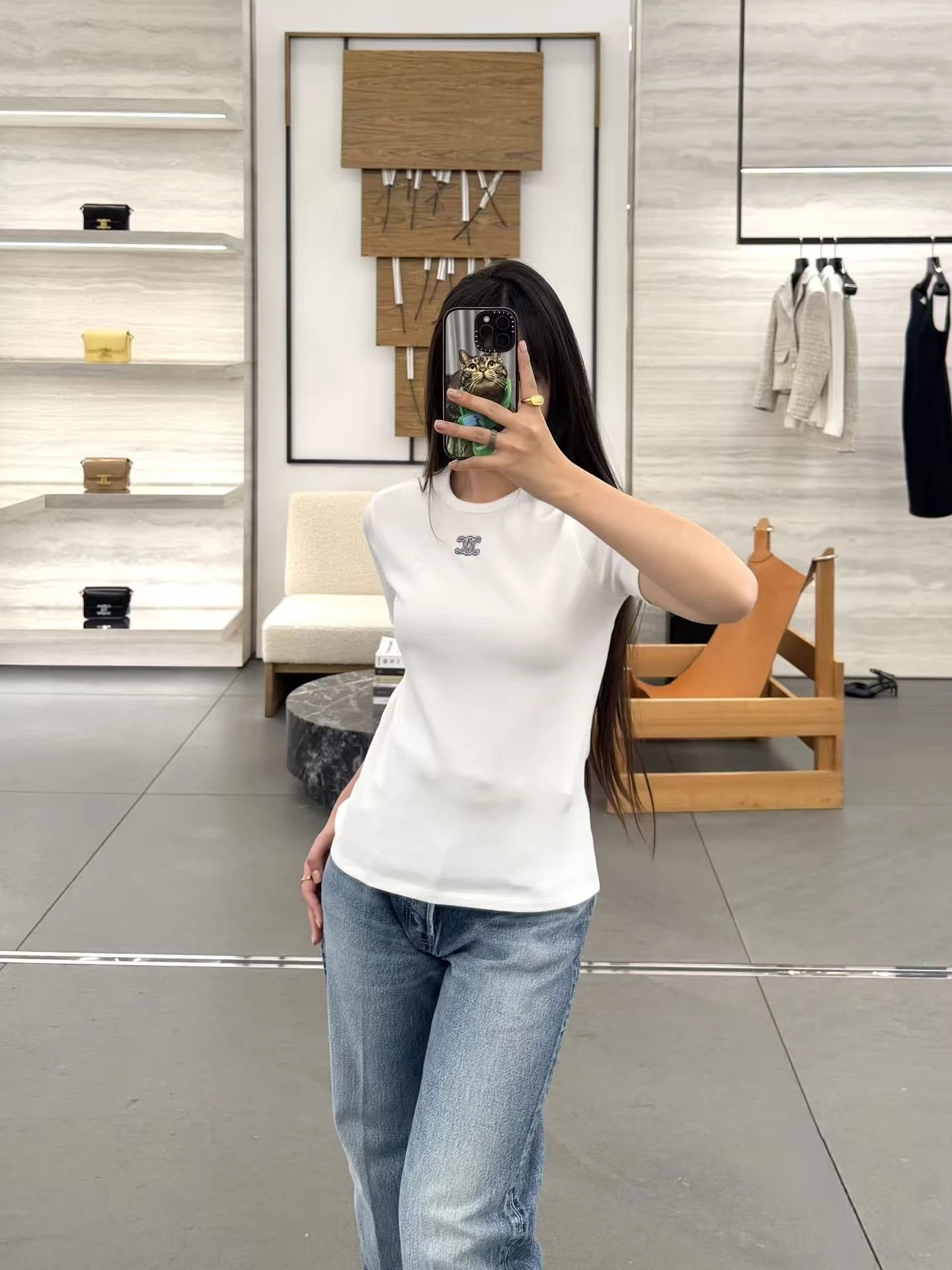 Celine Triomphe Logo Embroidered Black T-Shirt - 7