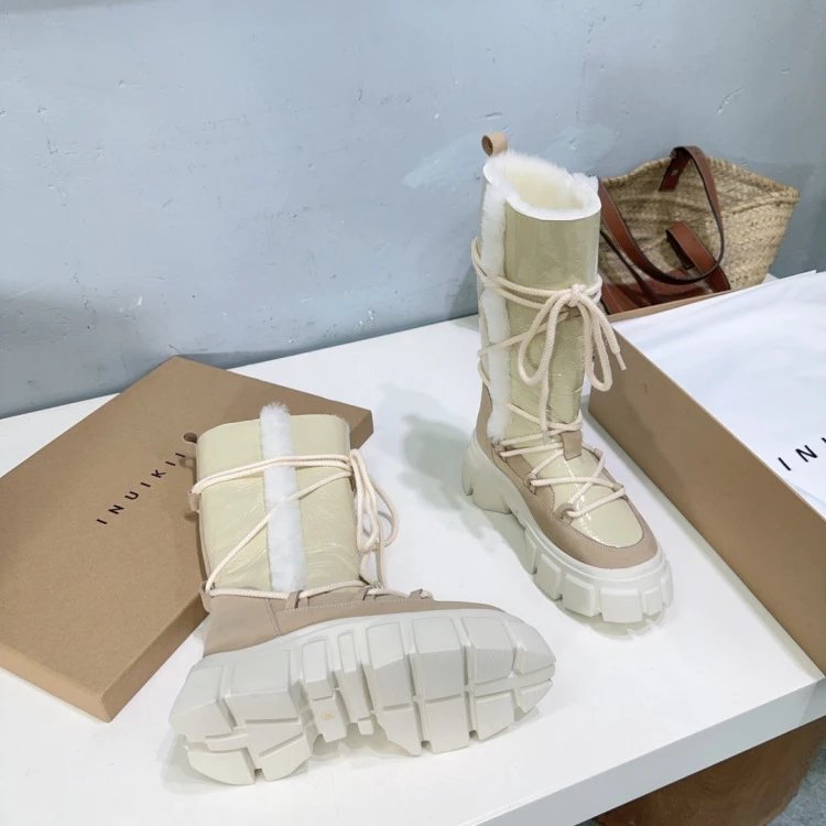 INU IKII Chunky Lace-Up Shearling-Lined Winter Boots Beige - 15