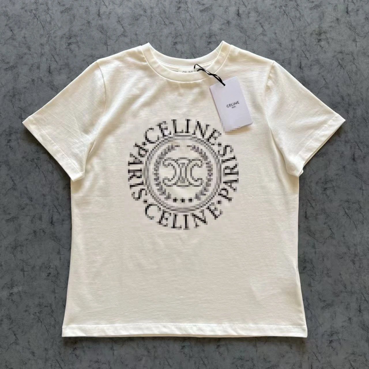 Celine Pixelated Logo Print Cream T-Shirt - 3