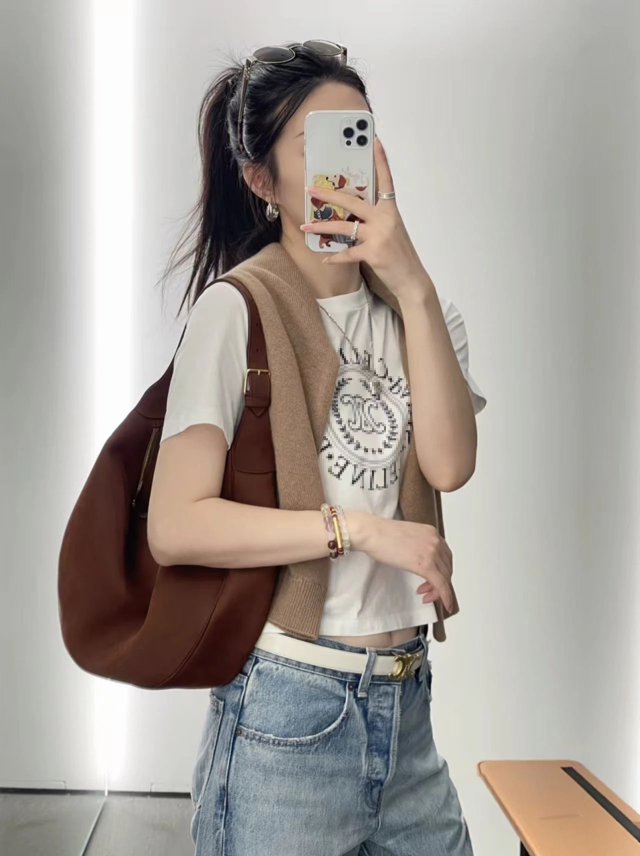 Celine Pixelated Logo Print Cream T-Shirt - 4