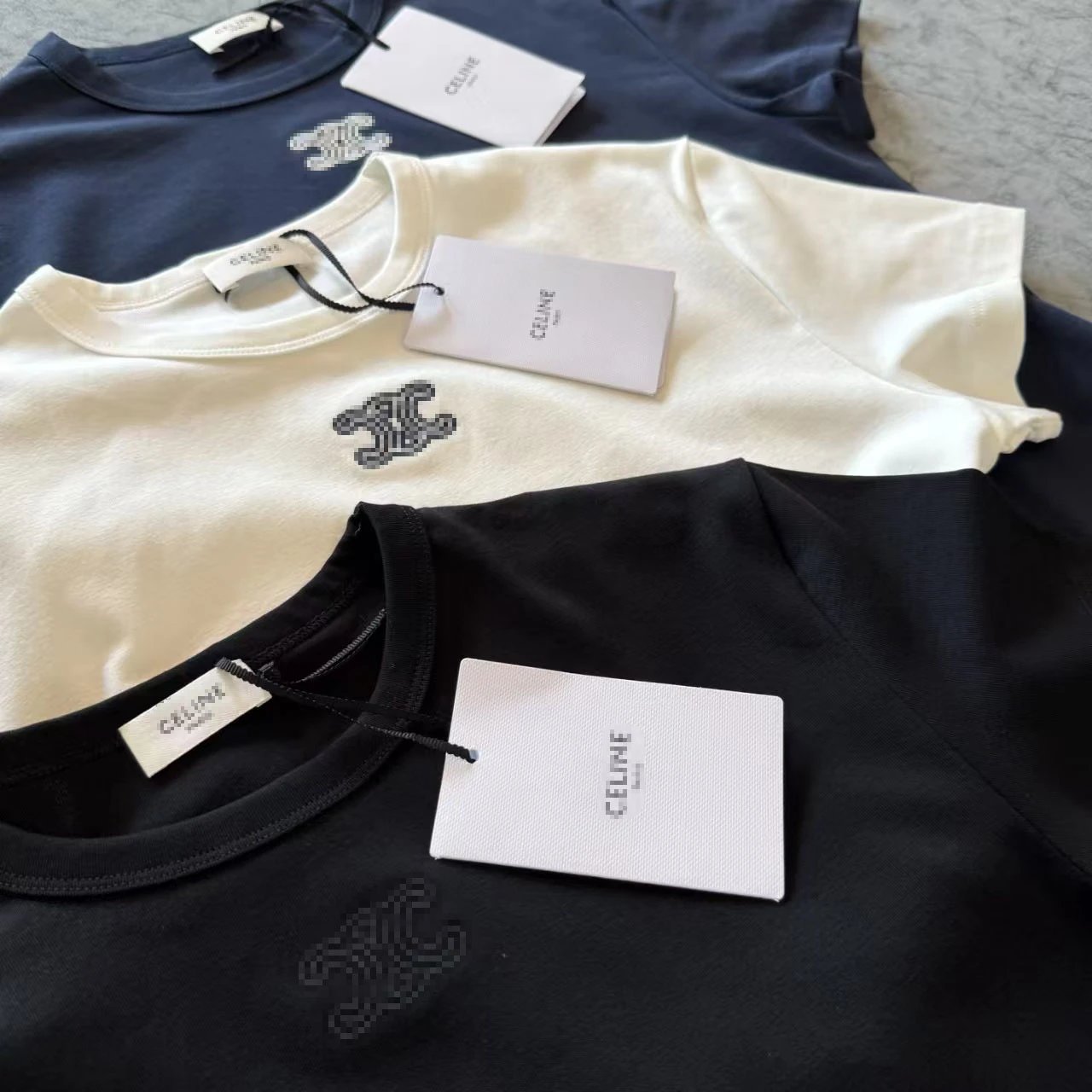 Celine Triomphe Logo Embroidered Black T-Shirt - 17